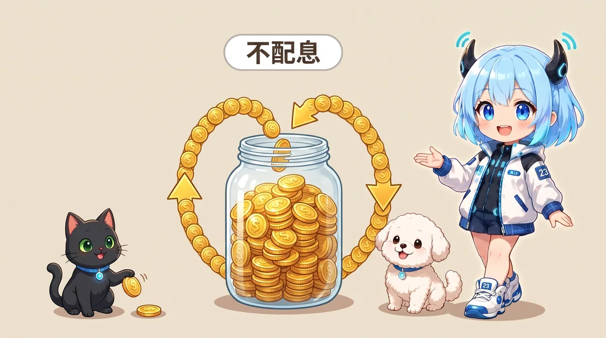 AI 嚮導小女孩指著一個裝滿金幣的玻璃罐，罐子上有一圈把股息自動送回罐內的循環箭頭，罐裡的金幣越疊越高，象徵不配息 ETF 把股息留在裡面自動複利；黑貓與白狗在一旁，上方有『不配息』標籤。