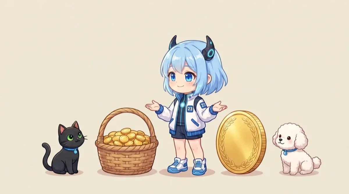 有土伯品牌角色：藍髮小女孩兩手一攤站在中間，左邊一籃裝滿小金幣（象徵 0050 分散持有很多檔），右邊一枚大金幣（象徵單押台積電），黑貓與白狗分坐兩旁，象徵兩個都是好選擇，差別在你自己怎麼選。